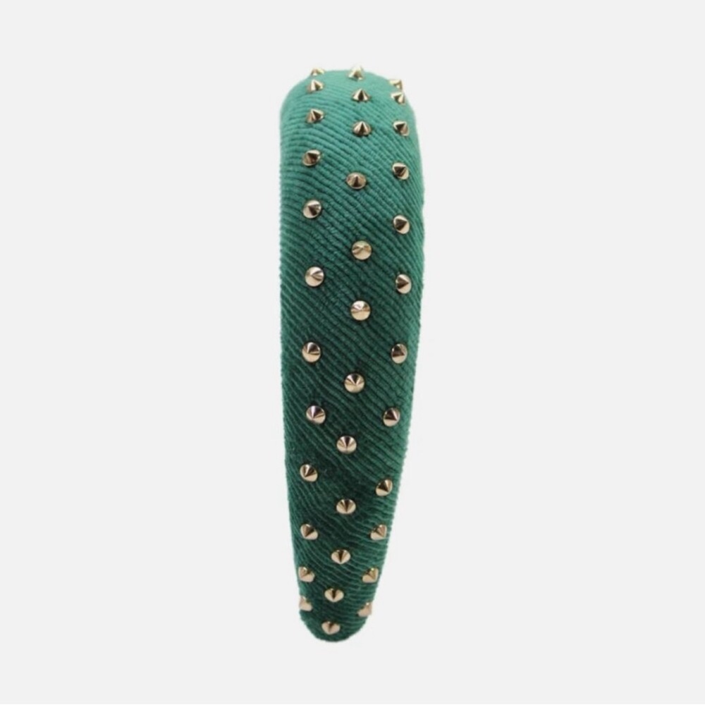 RARE Lele Sadoughi Emerald Green Velvet Corduroy Padded Gold Studs Headband NWOT - Picture 3 of 6